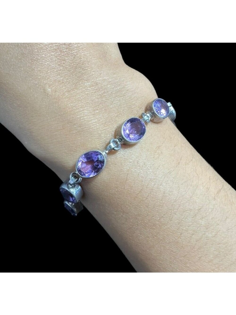 925 Oval Cut Amethyst Toggle Bracelet Sterling Silver Adjustable